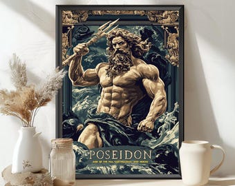 Poseidon God Poster, Poseidon Greek God, Greek God, Greek Mythology, Ancient Greek Art, God of the sea, Printable Decor of the God Poseidon
