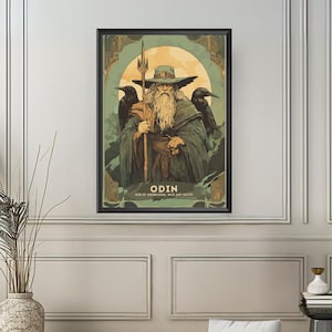 May include: A vintage-style poster featuring Odin, the Norse god of knowledge, war, and death. He is depicted with a long white beard, wearing a horned helmet and holding a spear. Two ravens are perched on his shoulders. The poster has a green, brown, and gold color scheme.