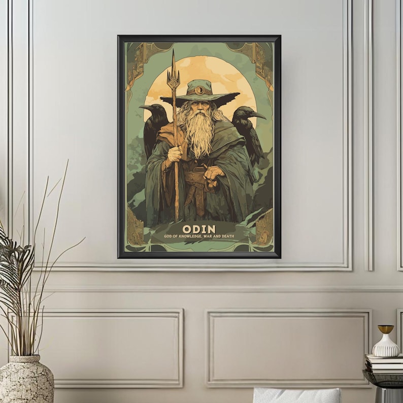 May include: A vintage-style poster featuring Odin, the Norse god of knowledge, war, and death. He is depicted with a long white beard, wearing a horned helmet and holding a spear. Two ravens are perched on his shoulders. The poster has a green, brown, and gold color scheme.