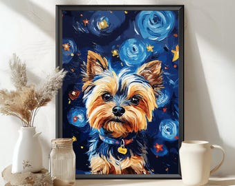 Yorkshire Terrier Starry Night Poster – Van Gogh Inspired Dog Art, Yorkie Wall Art, Starry Night Dog Print, Pet Lover Gift, Dog Decor