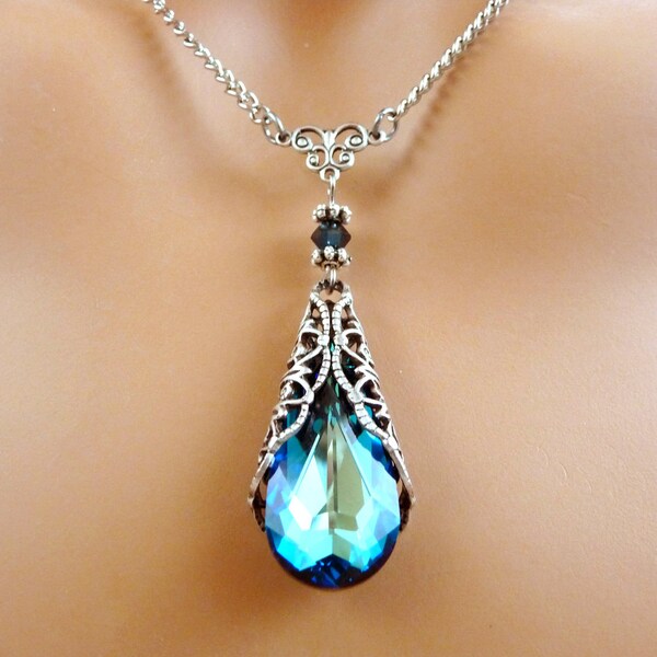 Swarovski Jewelry Necklace Valentine Gift - Blue Crystal Victorian Vintage Style Gift For Her