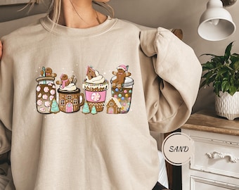 Gingerbread Christmas Coffee Shirt, Christmas coffee Sweatshirt, women Holiday sweater, Xmas Tee, Coffee Lover gift, Latte drink Crewneck