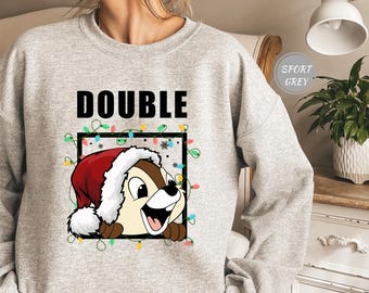 Double Trouble Chip N Dale Christmas Sweatshirt, Christmas Couples Matching T-Shirt, Disney Chip And Dale In Red Christmas Hat Tee