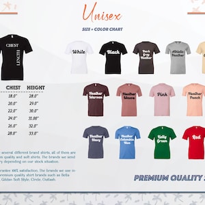 K&ouml;nnte beinhalten: Unisex-Gr&ouml;&szlig;entabelle f&uuml;r T-Shirts in verschiedenen Farben, darunter Wei&szlig;, Schwarz, Heather Maroon, Heather Mauve, Pink, Heather Peach, Heather Navy, Heather Columbia Blue, Kelly Green und Rot. Die Tabelle enth&auml;lt auch Brust- und H&ouml;henma&szlig;e in Zoll f&uuml;r die Gr&ouml;&szlig;en S, M, L, XL, 2XL und 3XL.