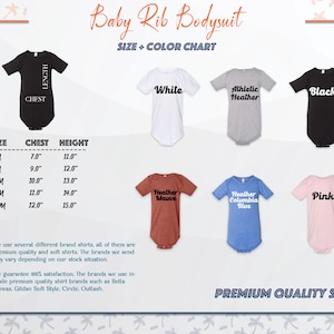 K&ouml;nnte beinhalten: Gr&ouml;&szlig;entabelle f&uuml;r Baby-Ripp-Bodys in verschiedenen Farben, darunter Wei&szlig;, Heather Mauve, Heather Columbia Blue, Athletic Heather, Schwarz und Pink. Die Tabelle zeigt Brust- und H&ouml;henma&szlig;e in Zoll f&uuml;r die Gr&ouml;&szlig;en 3M, 6M, 12M, 18M und 24M.