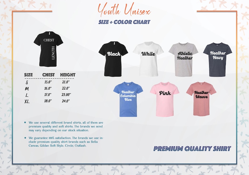 K&ouml;nnte beinhalten: Gr&ouml;&szlig;entabelle f&uuml;r Unisex-T-Shirts f&uuml;r Kinder mit Ma&szlig;en in Zoll. Die Tabelle zeigt verschiedene Farben, darunter Schwarz, Wei&szlig;, Rosa, Heather Blue, Heather Mauve, Heather Navy und Athletic Heather. Die Tabelle enth&auml;lt auch den Text "Premium Quality Shirt".