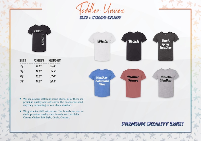 K&ouml;nnte beinhalten: Gr&ouml;&szlig;entabelle f&uuml;r Unisex-Shirts f&uuml;r Kleinkinder. Die Tabelle zeigt Brust- und H&ouml;henma&szlig;e in Zoll f&uuml;r die Gr&ouml;&szlig;en 2T, 3T, 4T und 5T. Die Tabelle zeigt auch verschiedene Farboptionen f&uuml;r die Shirts, darunter Wei&szlig;, Schwarz, Dunkelgrau meliert, Columbia Blau meliert, Mauve meliert und Athletik meliert.