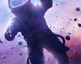 May include: A silhouetted astronaut floats in space, surrounded by a purple and white nebula. The astronaut is wearing a white spacesuit with a clear helmet. The astronaut's hand is outstretched, as if reaching for something.