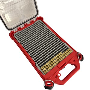 May include: Red ammo box with a clear lid, open to reveal a gray foam insert with rows of gold-colored bullets.