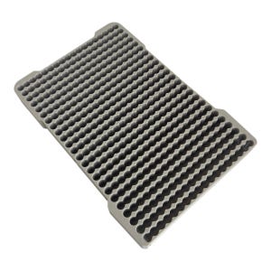 May include: A gray plastic tray with a honeycomb pattern. The tray has many small, round indentations.