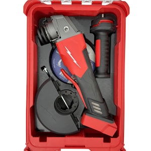 May include: A red and black angle grinder kit in a red carrying case. The kit includes the grinder, a side handle, a grinding disc, and a black guard. The grinder has a red body with a black handle and a silver grinding head.