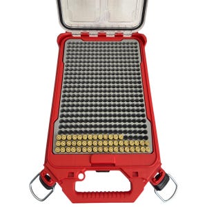 May include: Red plastic ammo box with a gray foam insert and a handle. The box is open and filled with gold-colored bullets.