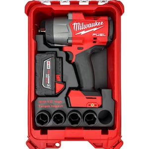 May include: A red Milwaukee FUEL M18 1/2" High Torque Impact wrench kit in a red case. The kit includes the impact wrench, a battery, and several sockets. The impact wrench is red and grey with the Milwaukee logo.