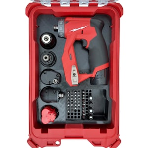 May include: A red and black cordless screwdriver kit with various attachments, including drill bits and screwdriver heads, neatly organized within a red carrying case. The kit includes a red and black screwdriver with a lightning bolt logo.