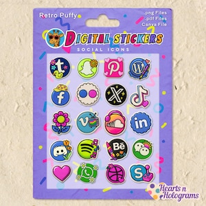 Puffy Social Icon Digital Stickers| 80&#39;s and 90&#39;s Retro Planner Stickers