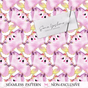 May include: A seamless pattern featuring repeating watercolor illustrations of pink creatures with large dark eyes and small paws on a white background. A white fabric label with the text Sana Yoshino TEXTILE DESIGN and a needle are attached.