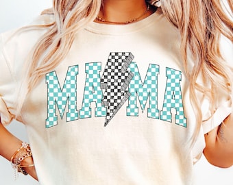 Checkered Lightning Bolt Mama Tee, Retro Comfort Colors Mom Shirt