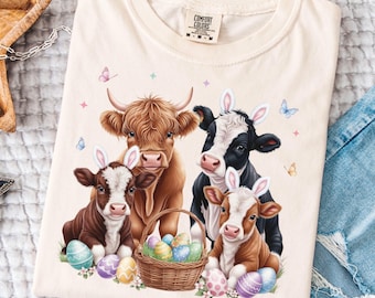 Easter Highland Cow Shirt, Bunny Ears Farm Animal Tee, Spring Farmhouse Gift