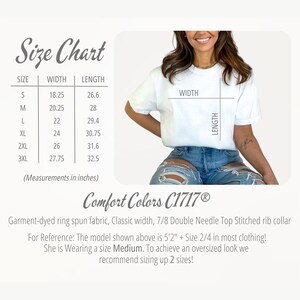 May include: White t-shirt with a size chart and measurements in inches. The chart lists sizes S to 3XL, with corresponding width and length measurements. The shirt is made of garment-dyed ring spun fabric.