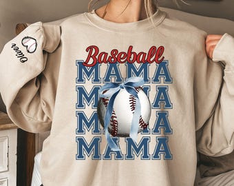 Personalized Baseball Mom Sweatshirt, Custom Name Sleeve, Baseball Mama Sweater