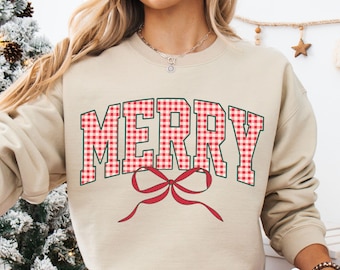 Plaid Merry Christmas Sweatshirt, Vintage Holiday Crewneck