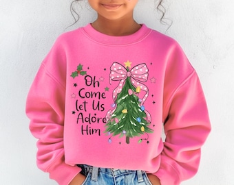 Girls Pink Christmas Tree Sweatshirt, Coquette Bow, Holiday Sweater