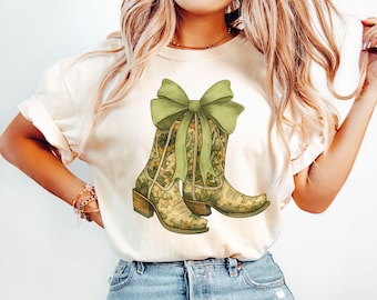Coquette Cowgirl Boots Shirt with Green Bow, Western Tee