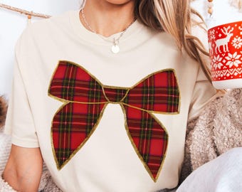 Coquette Christmas T-Shirt, Red Plaid Bow Holiday Tee