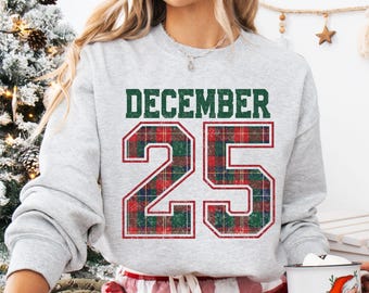 Retro December 25 Christmas Sweatshirt, Plaid Holiday Crewneck