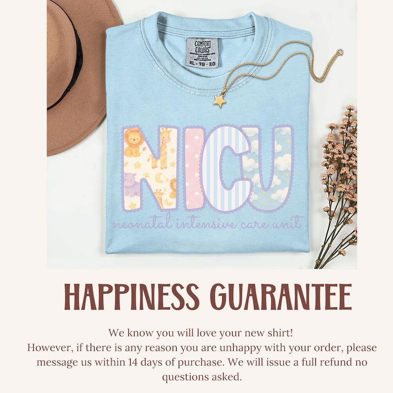 May include: A light blue t-shirt with the letters "NICU" in pastel colors and animal and cloud patterns. The words "neonatal intensive care unit" are below the letters. A gold necklace with a star pendant and a brown hat are also in the image.