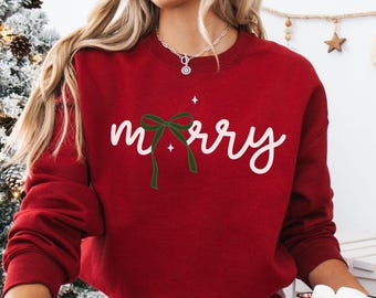 Coquette Christmas Bow Sweatshirt, Merry Holiday Crewneck