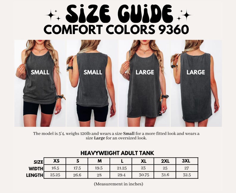 Może przedstawiać: Przewodnik po rozmiarach dla tank top&oacute;w dla dorosłych Comfort Colors 9360. Obraz przedstawia cztery kobiety noszące tank top w rozmiarach Small i Large. Tabela rozmiar&oacute;w zawiera wymiary w calach dla rozmiar&oacute;w XS do 3XL. Modelka ma 162.56 cm wzrostu i waży 54.43 kg.