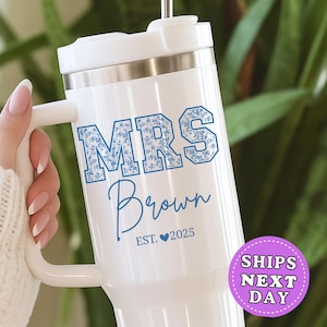 Custom Bride Tumbler with Handle, Personalized MRS Tumbler 40oz, New Bride Gift Idea, Wedding Gift for Bride Travel Cup, Engagement Gift Cup