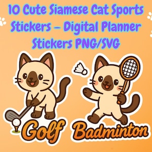 10 niedliche Siamese Katze Sport digitale Aufkleber Bundle für digitale Planer, SVG PNG Sofortiger Download, druckbare Katzen-Dekor Aufkleber Pack
