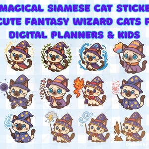 12 Magische Siamkatze Aufkleber PNG - Fantasy Zauberer Katze Digitale Aufkleber für Kinder, Goodnotes, Notability und Nursey Décor Sofort Download
