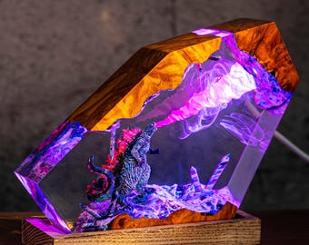 Kaiju Resin Lamp | Handmade Monster Diorama Night Light with Atomic Breath Effect