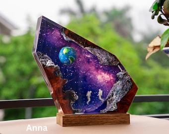 Astronaut Rocket Resin night light, Diorama Space epoxy wood lamp, Universe Lamp for kids