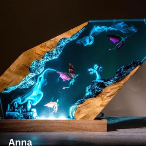 Dragon Resin Night Light: RGB LED Lamp, Wood Base