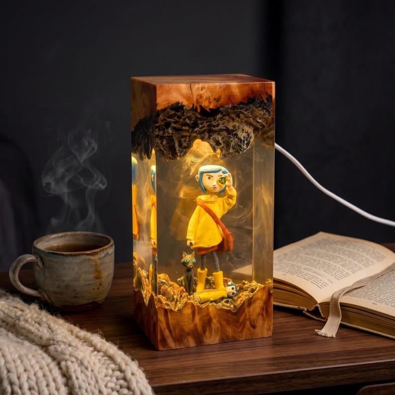 May include: A rectangular lamp made of wood and clear resin featuring a miniature figure in a yellow raincoat holding a green object, accompanied by a small cat figure. The lamp emits a warm internal glow and includes a white power cord.
