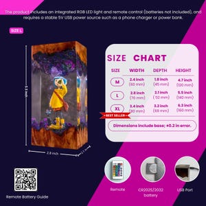 May include: A rectangular resin lamp featuring a character in a yellow raincoat and a black cat inside, with wood-like top and bottom sections. Includes a size chart with dimensions in inches, a remote control, CR2025/2032 battery, and USB port details.