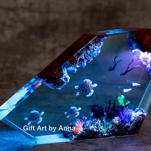Sea turtle and diver wood plastic lamp, Blue ocean night light, night light for couples, Handmade Deep Sea Night Light, Ocean Lover Gift