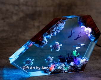 Sea Turtle & Diver Night Light: Ocean Resin Lamp, Wood Base