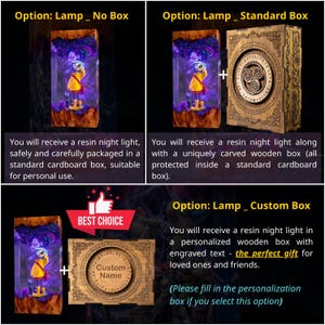 May include: A rectangular resin night light featuring a figure in a yellow raincoat and a black cat, illuminated by purple light. Options include a standard wooden box with circular Celtic-style carvings or a custom box with engraved text.