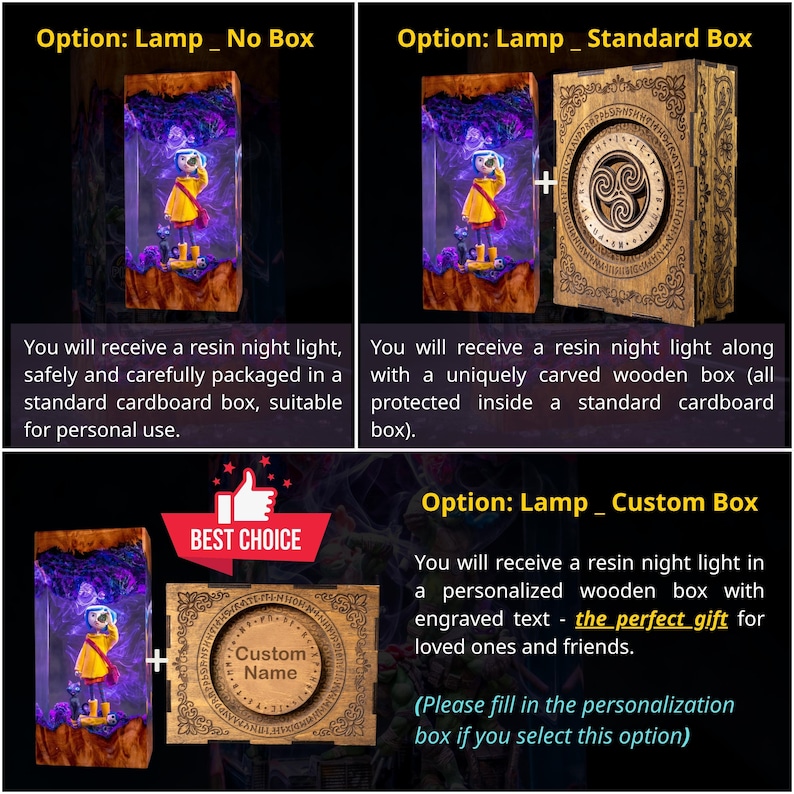 May include: A rectangular resin night light featuring a figure in a yellow raincoat and a black cat, illuminated by purple light. Options include a standard wooden box with circular Celtic-style carvings or a custom box with engraved text.