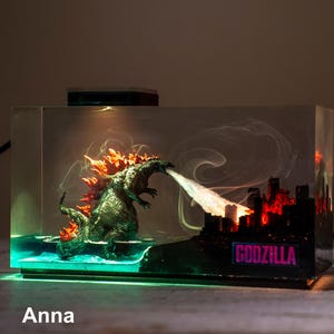 Godzilla Resin Night Light: Handmade Diorama Lamp with RGB LED