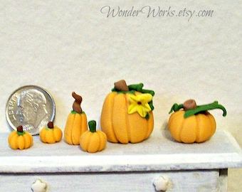 Six Pale Pumpkin Set with 4 Very Tiny Pumpkins Miniature Handmade Dollhouse Fall or Garden Decor 1:12 Scale Sculpture