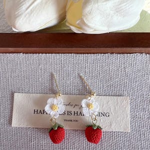 Strawberry earrings, Handmade Jewelry, Micro Crochet, Finished product, gold-plated silver hook, Unique charm gift