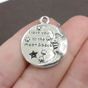10 Charms, &quot;I love you to the moon & back&quot; Circle Moon and Stars Charm Pendant 27x22.5x2mm ITEM:BU5