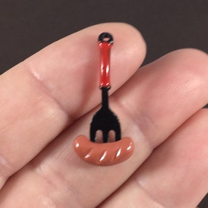 4 Charms, Hot Dog, Sausage, Wiener, Fork, BBQ, Food, Enamel, Charm, Pendants (3D) 28x12x4mm hole 1.6mm ITEM:BJ21