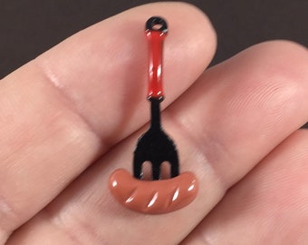 4 Charms, Hot Dog, Sausage, Wiener, Fork, BBQ, Food, Enamel, Charm, Pendants (3D) 28x12x4mm hole 1.6mm ITEM:BJ21